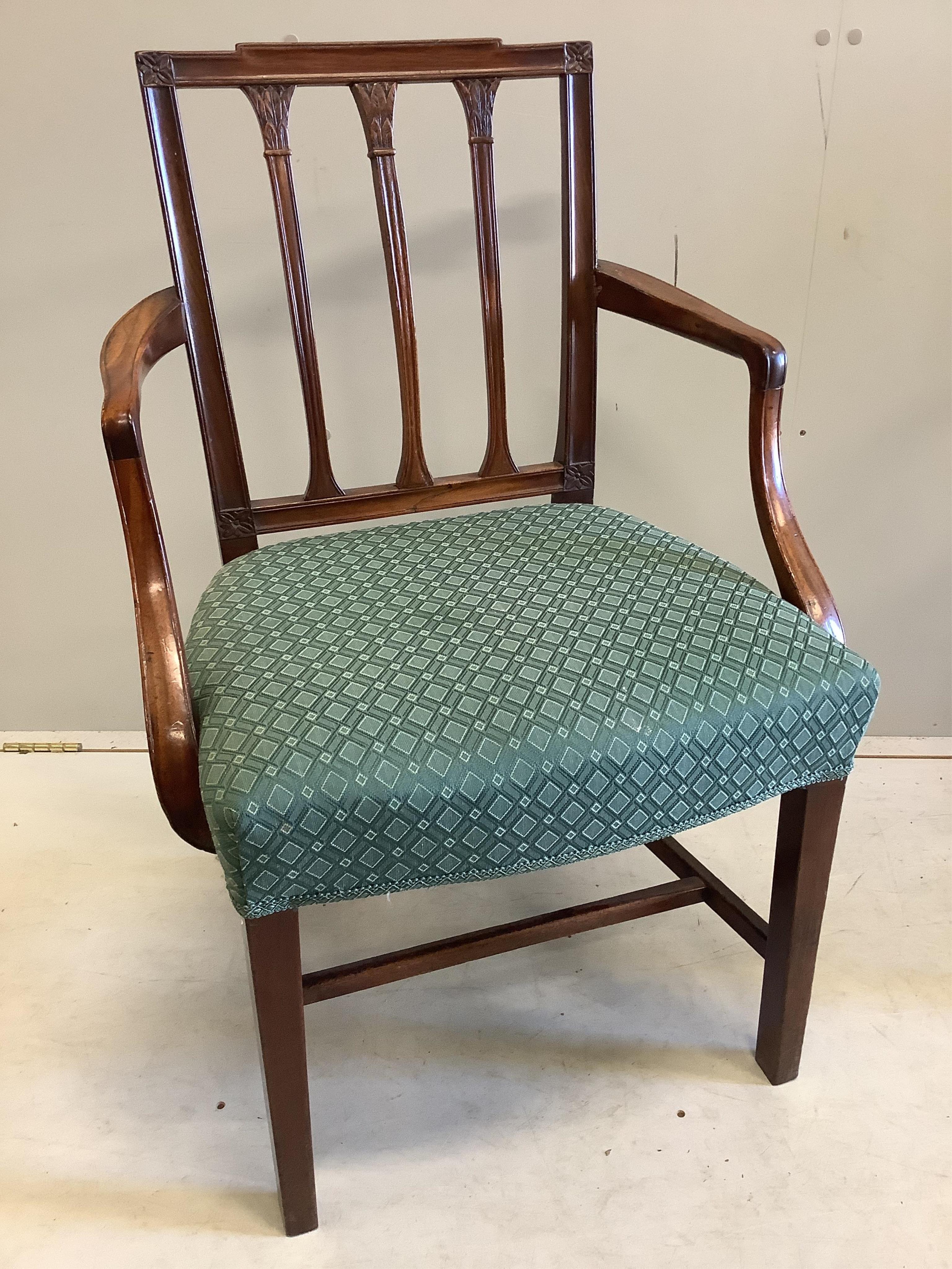 A set of six Sheraton style mahogany dining chairs (two with arms). Condition - fair